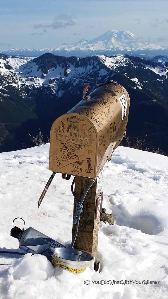 Mailbox Peak summit with Mount Rainier in the distance