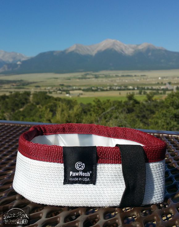 PawNosh Firehose Travel Bowl with the Collegiate Peaks in the background
