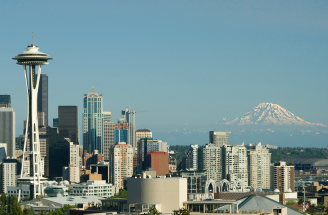 Downtown Seattle Space Needle and Mt. Rainier captured from Queen Anne.
