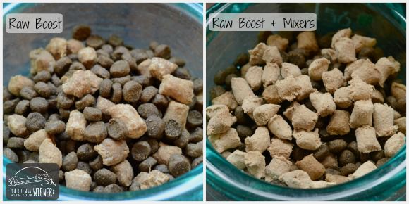 Nature's Variety Instinct Raw Boost Kibble and the Raw Boost kibble with Raw Boost Mixers added on top.