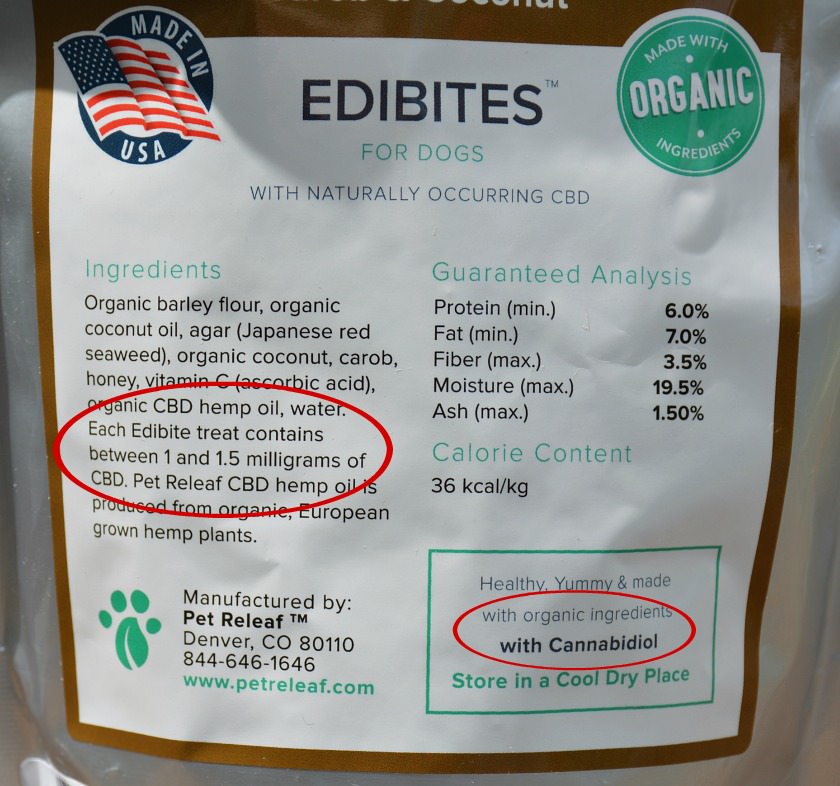 CBD treat label showing the amount of Cannabidiol in each treat