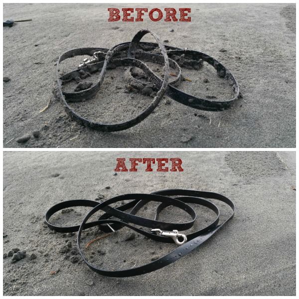 Before and after cleaning a biothane leash