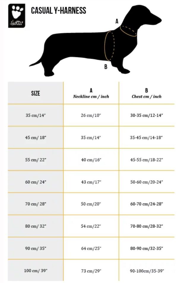 Sizing chart for the Hurtta Casual Padded Y Harness for Dachshunds